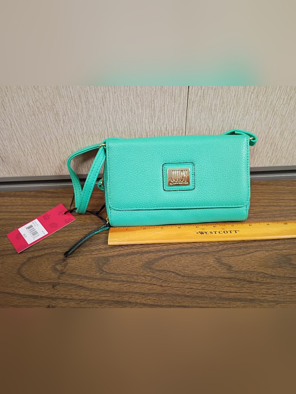 Juicy Couture Green Pebble Leather Crossbody Wallet Bag Purse Crown Print Lining